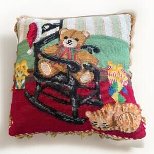 Vintage Wool Needlepoint Red Velvet Pillow Christmas Teddy Bear 13"x13"